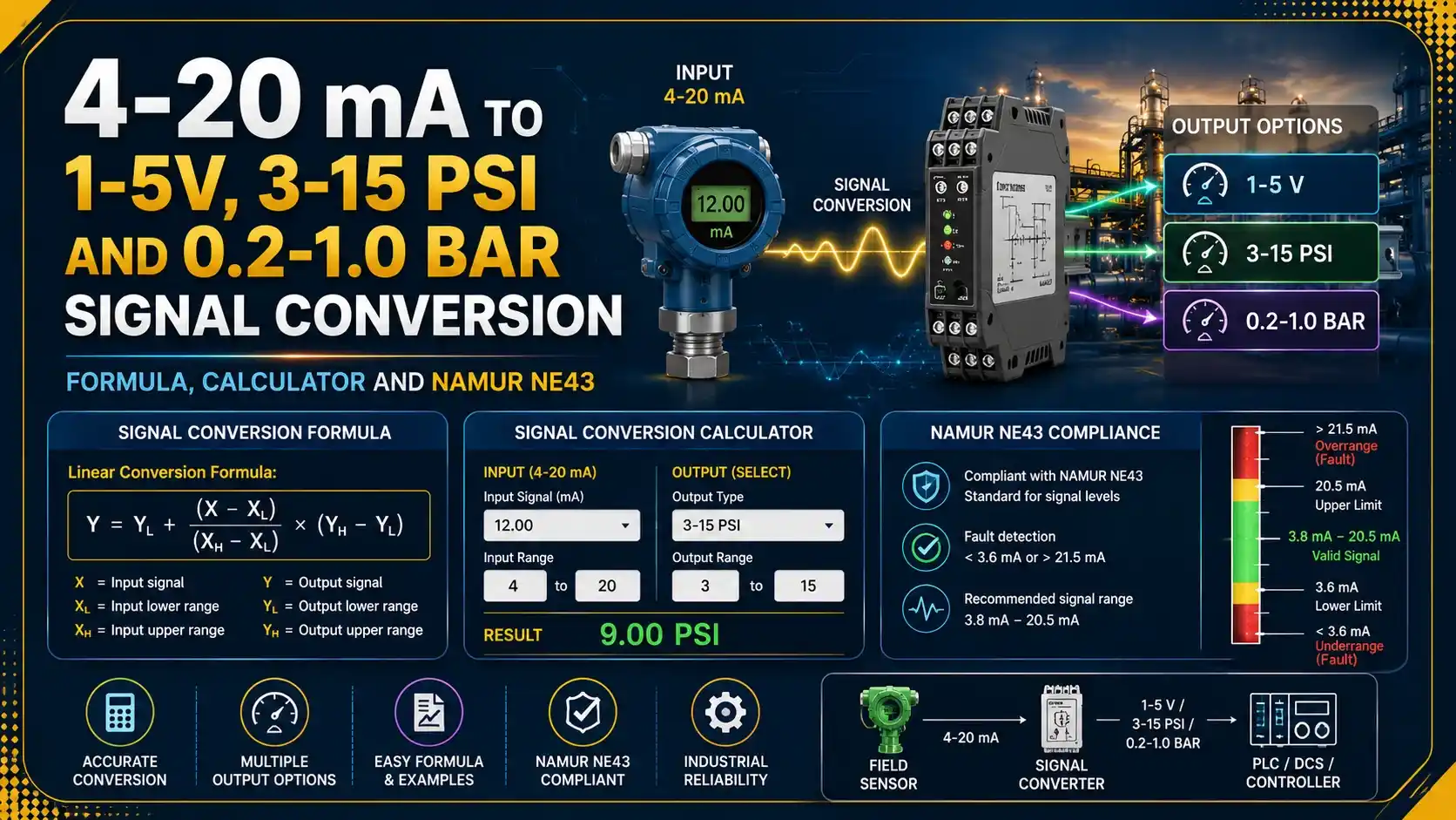 Ma Signal 4 to 20 mA Signal Conversion to 1-5V, 3-15 psi and 0.2-1.0 bar Signal ...